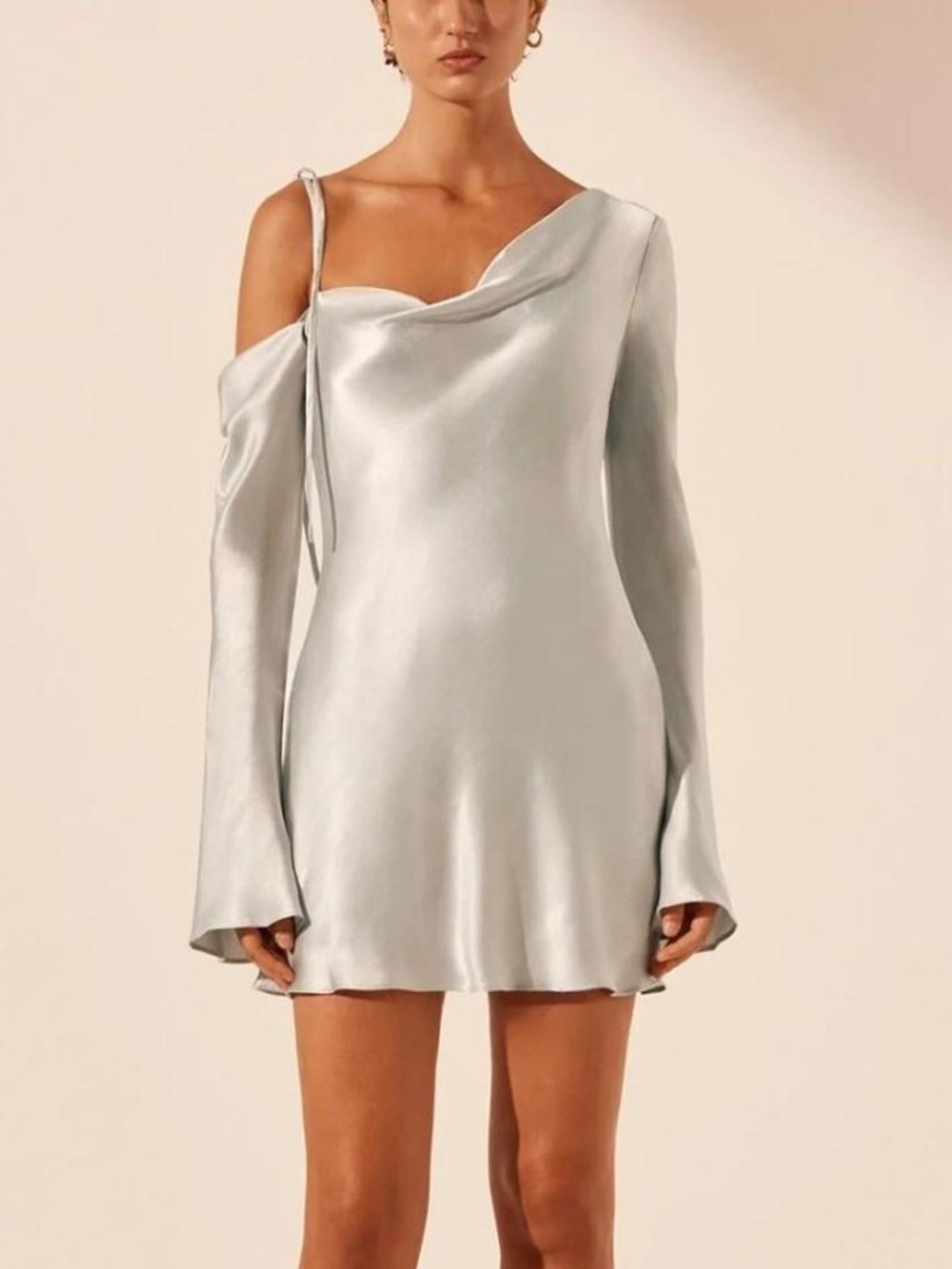 Shona Joy One-Shoulder Satin Mini Dress in Silver sz 8